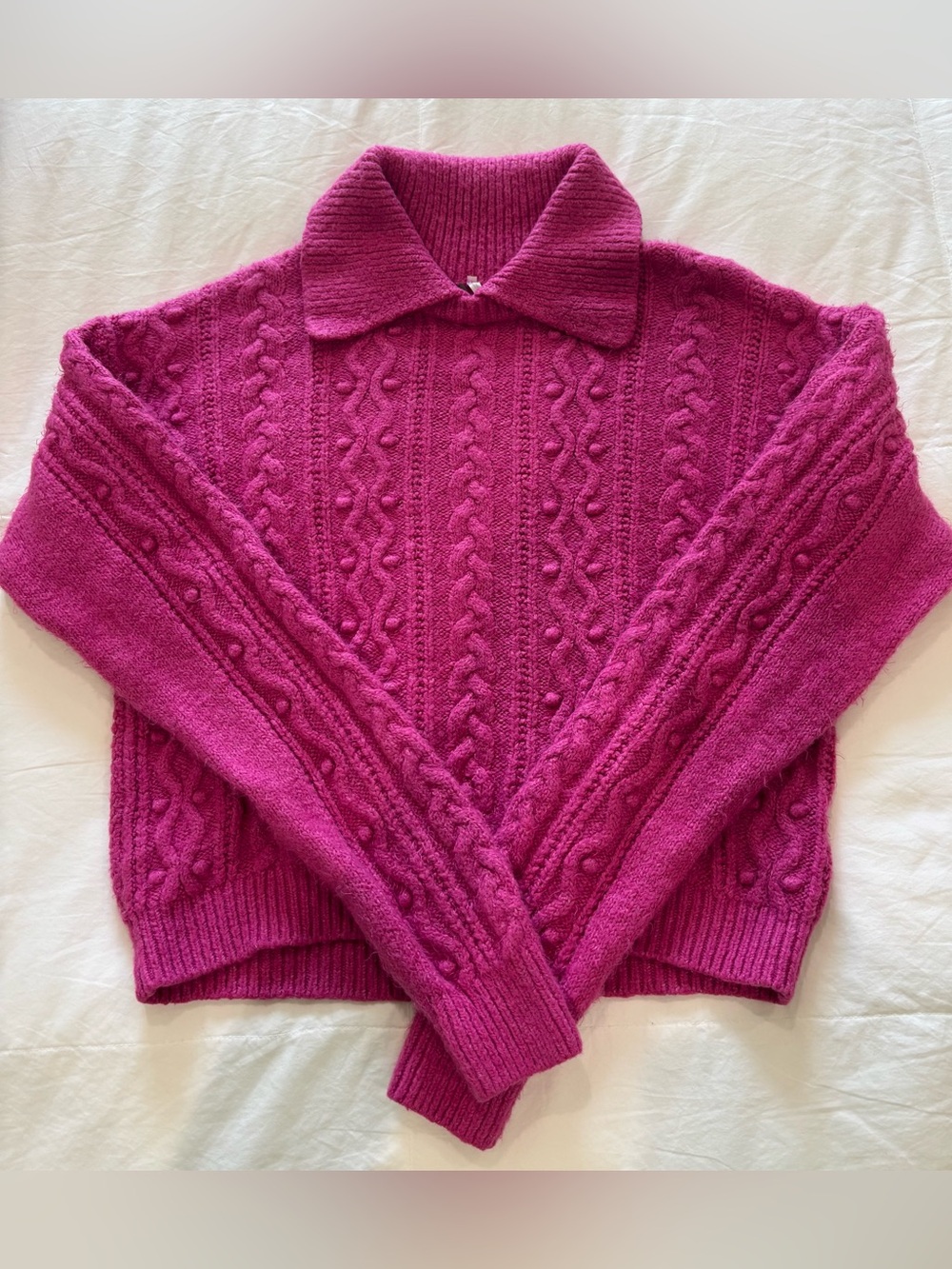 FREE PEOPLE Sz S Every Cloud Sweater Fuchsia Fizz Cable Collared Cotton Blend - Picture 5 of 11